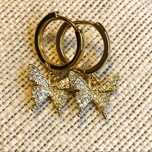 Dainty Gold Pave Butterfly Huggie Hoop Earrings - Picture 2 of 2